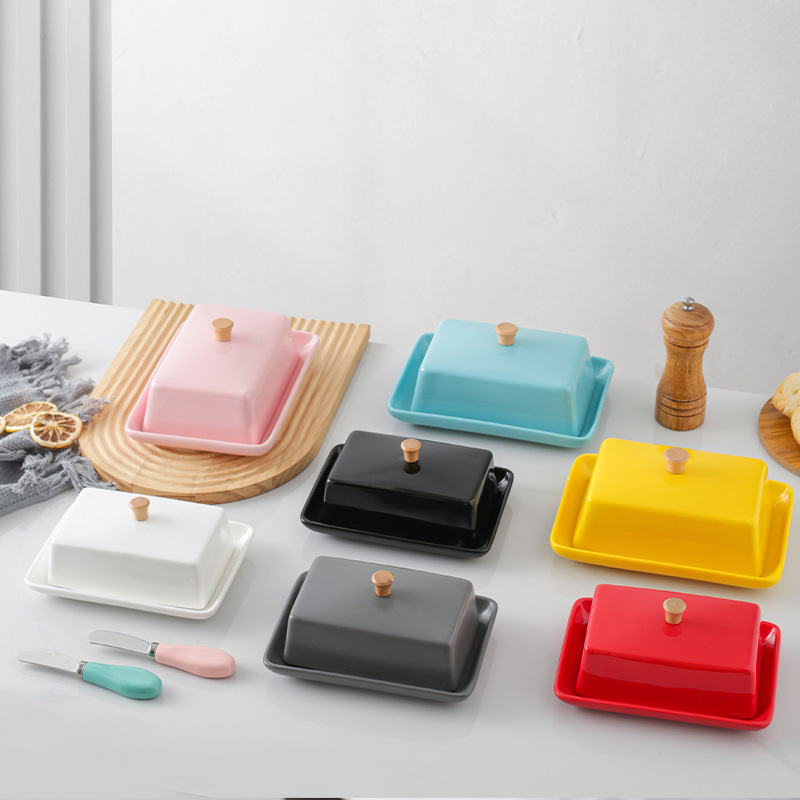 创意西式陶瓷黄油盒家用点心奶酪牛油盒餐厅黄油碟带盖套装亚马逊