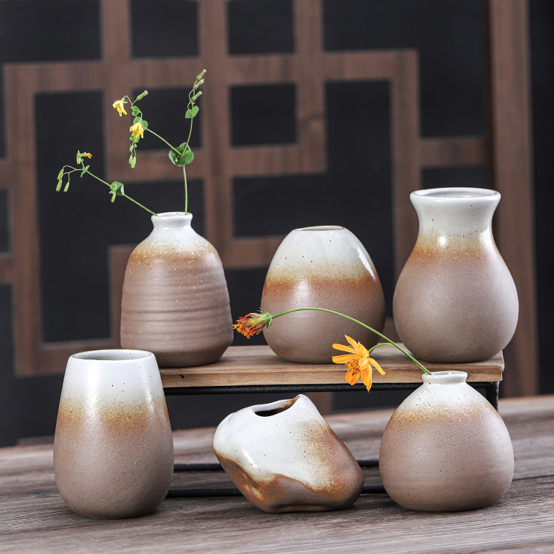 窑变日式禅意花器粗陶花瓶米白陶瓷花插茶桌水培小花插工艺品摆件